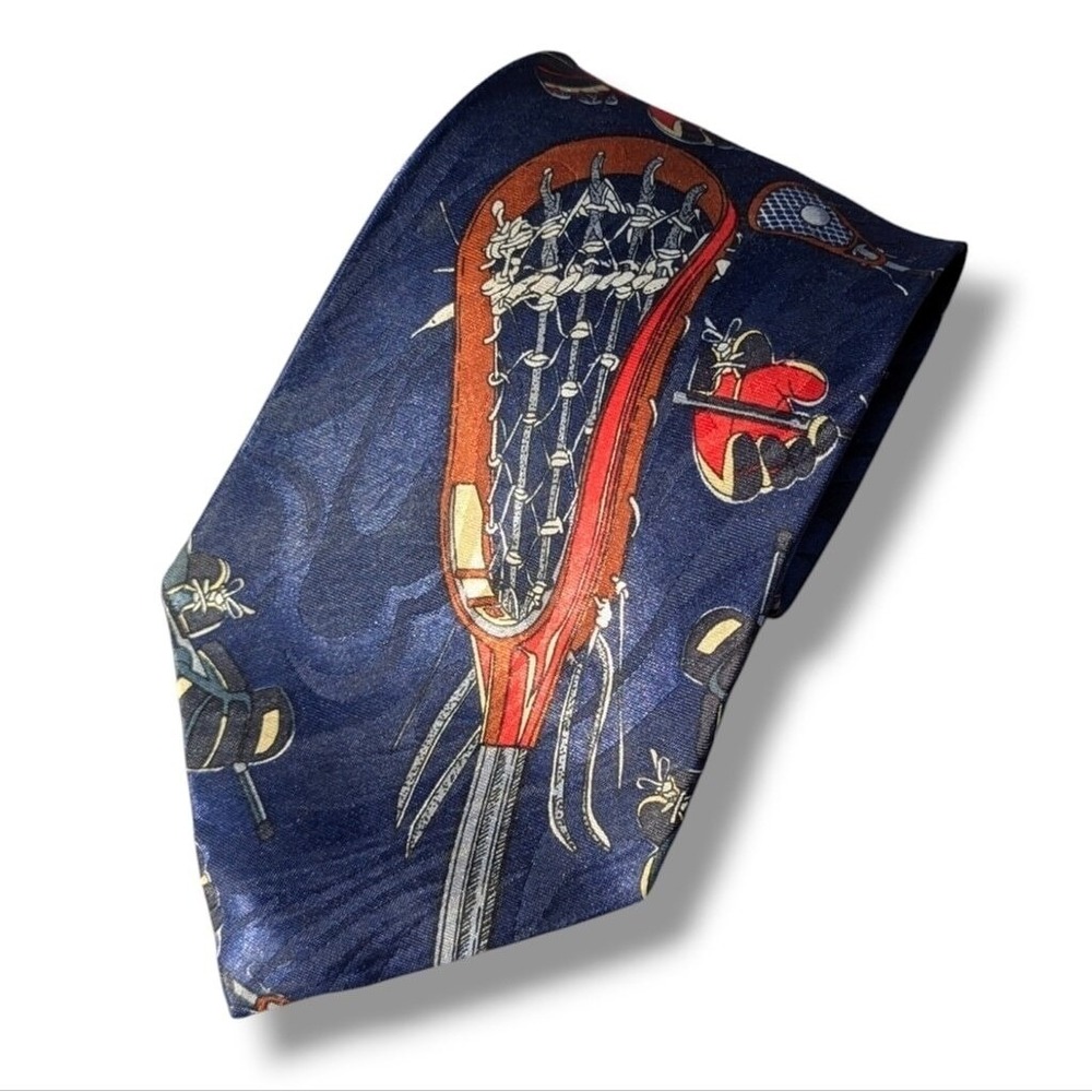 Mens Lacrosse Tie LAX Stick Glove Silk Necktie Sports Tie Navy Blue - Picture 4 of 7